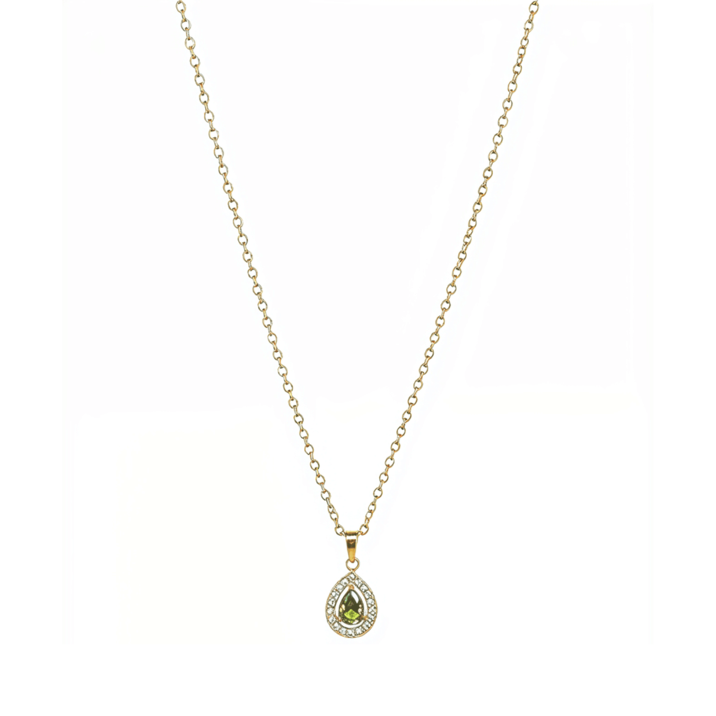 gold emerald glow teardrop necklace with green gemstone surrounded by clear crystals on gold chain