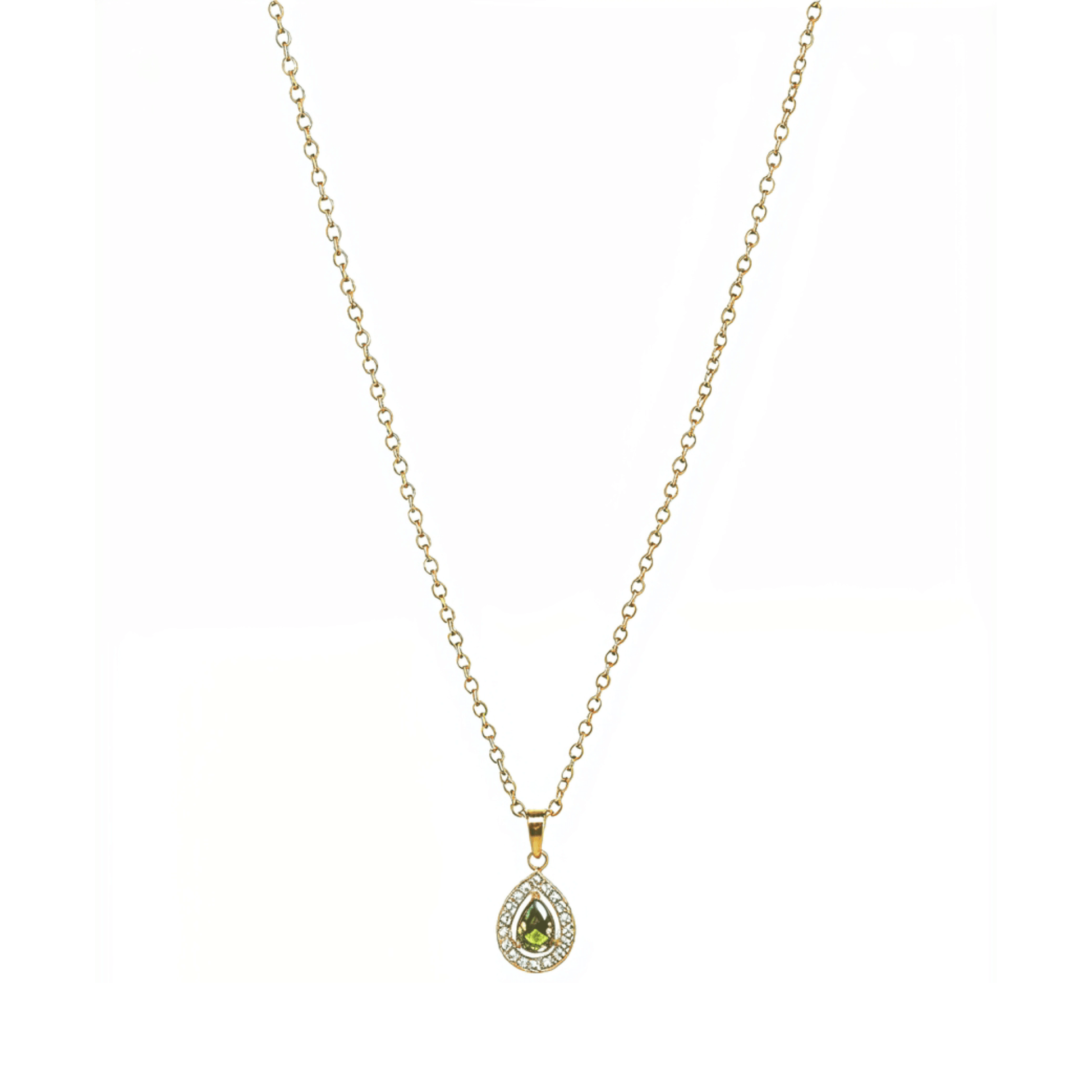 gold emerald glow teardrop necklace with green gemstone surrounded by clear crystals on gold chain