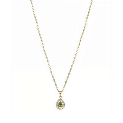 gold emerald glow teardrop necklace with green gemstone surrounded by clear crystals on gold chain