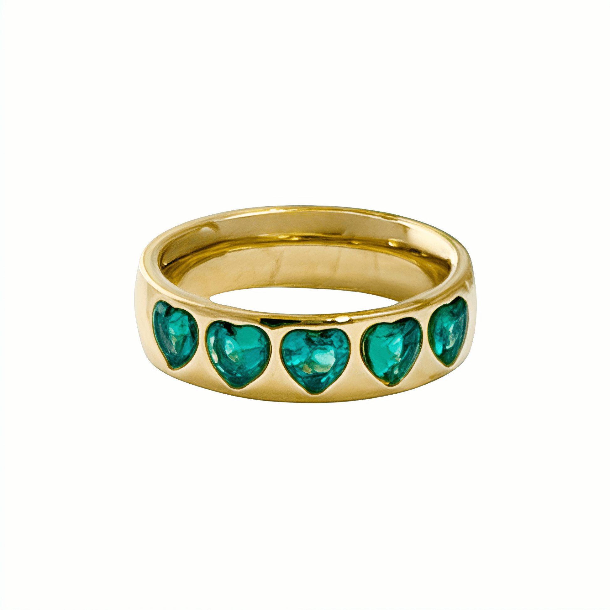 Gold Emerald Green Heart Ring by MXW Jewellery featuring a chunky gold band with flush-set emerald-hued heart stones