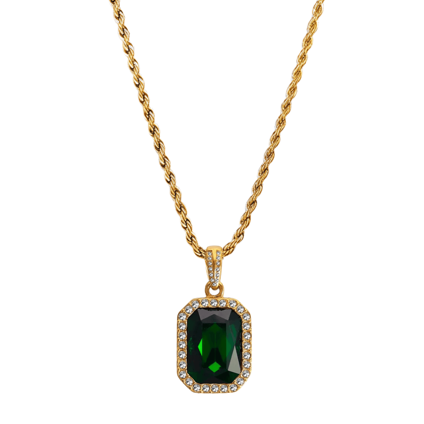 Gold emerald halo necklace featuring rectangular green zircon pendant on gold rope chain.