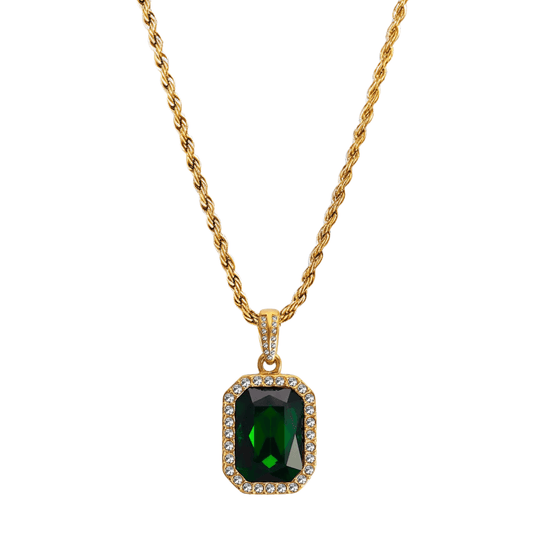 Gold emerald halo necklace featuring rectangular green zircon pendant on gold rope chain.
