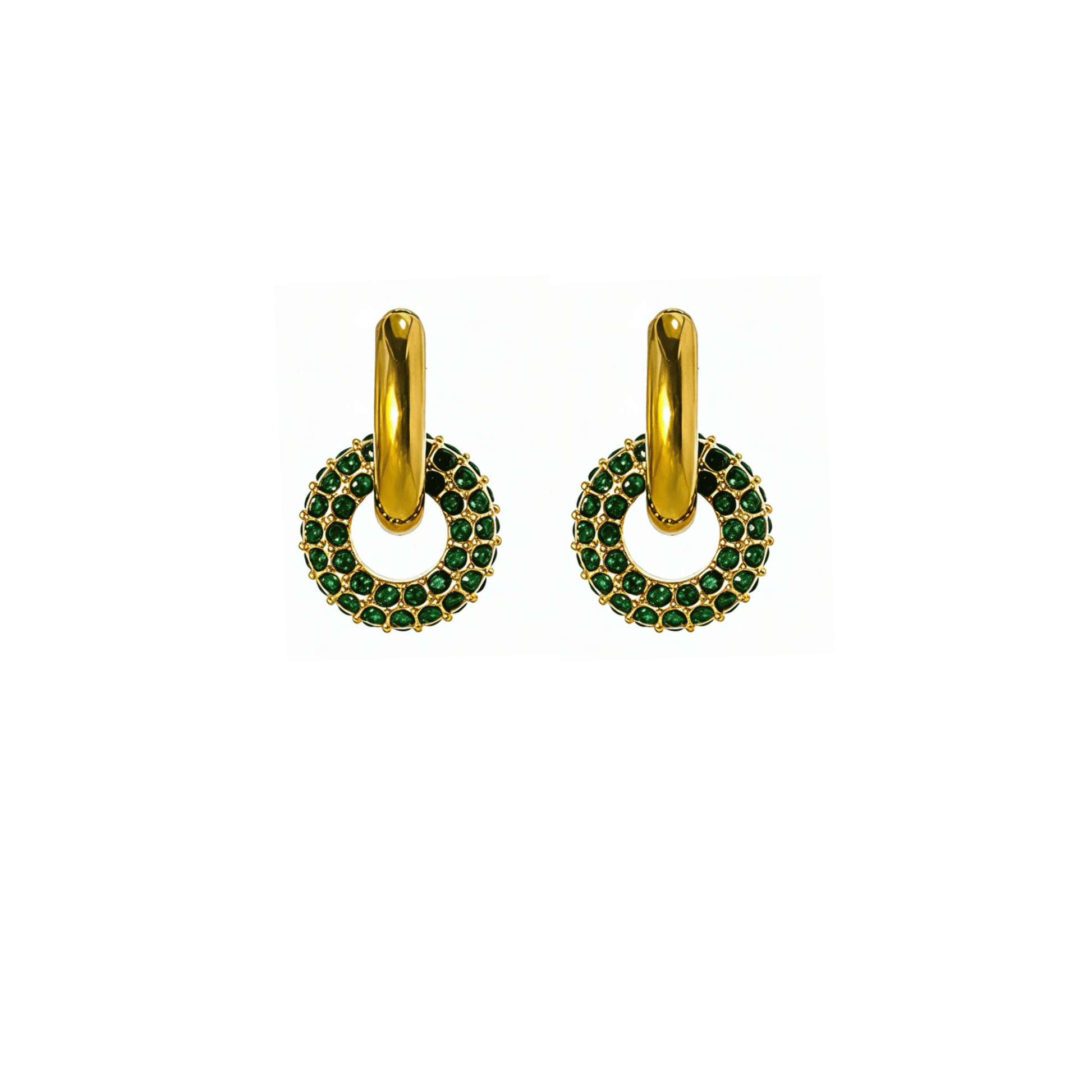 gold emerald pavé drop earrings with crystal halo circle hanging from gold huggies