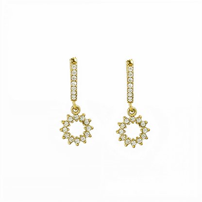 Gold huggie earrings featuring a pave crystal open circle charm dangling from a crystal hoop by MXW Jewellery