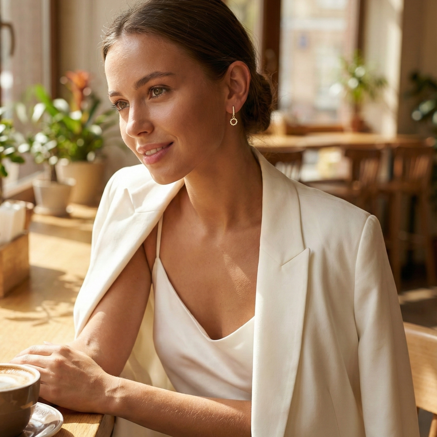 Gold huggie earrings featuring a pave crystal open circle charm dangling from a crystal hoop by MXW Jewellery