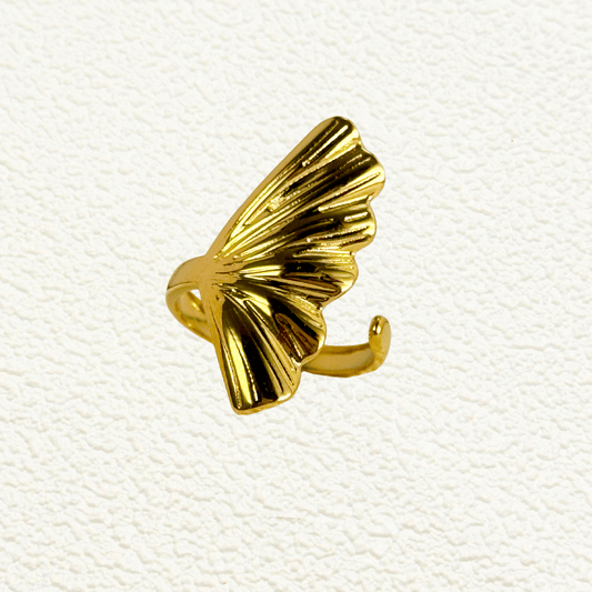 Gold adjustable ring with textured fan-shaped leaf design, crafted in waterproof PVD gold-plated stainless steel, nature-inspired jewellery by MXW Jewellery