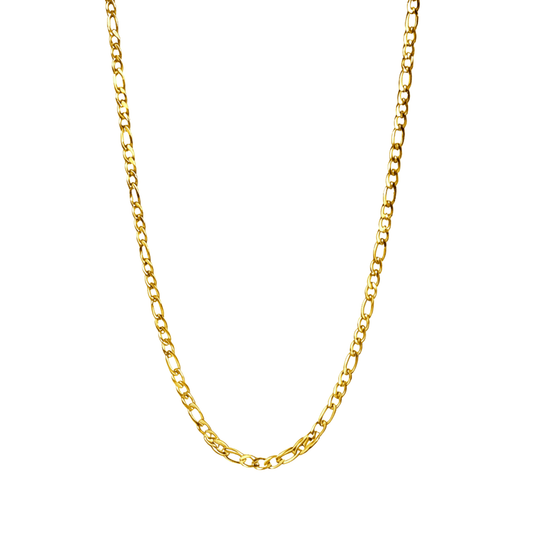 gold figaro link chain necklace with polished interlocking links
