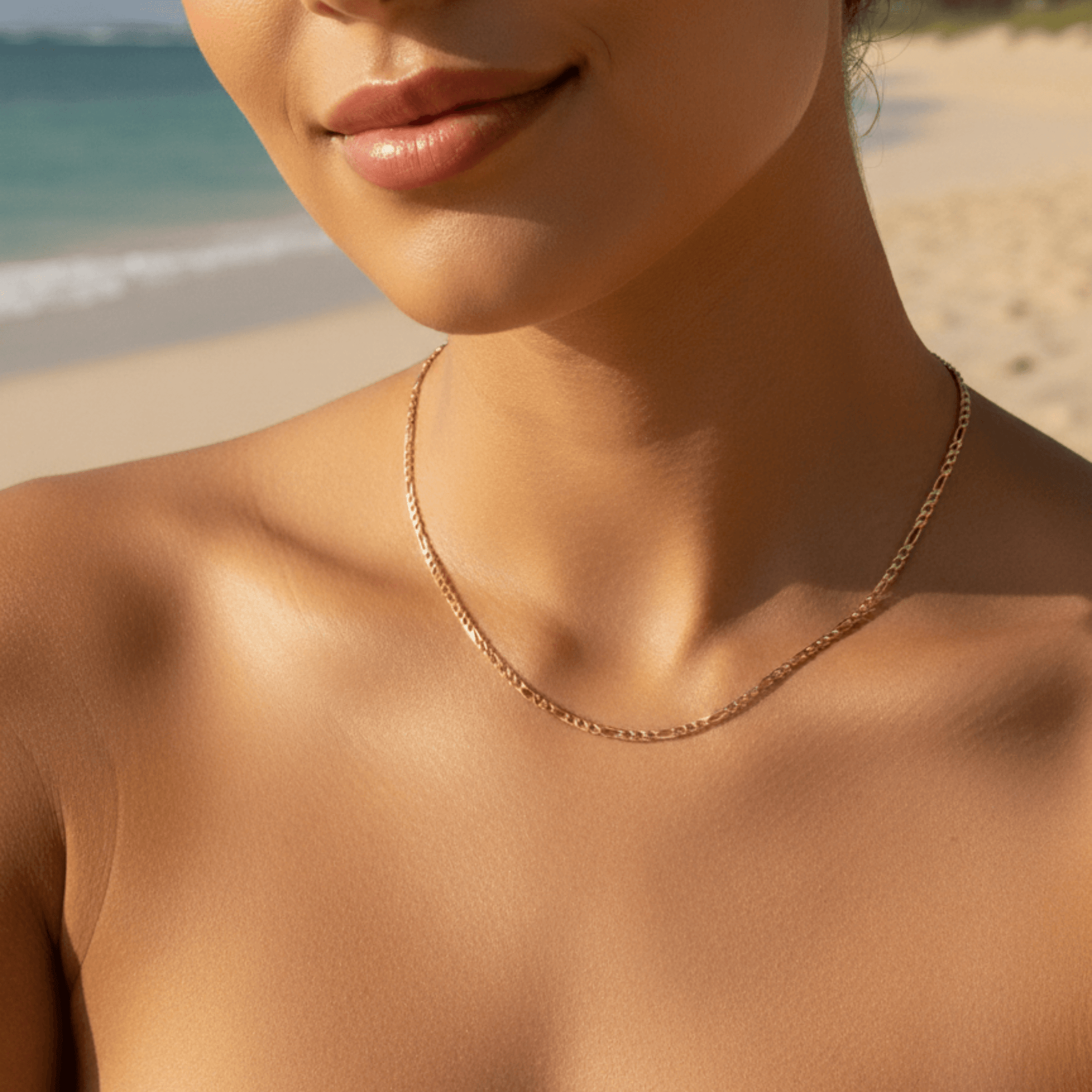 gold figaro link chain necklace with polished interlocking links