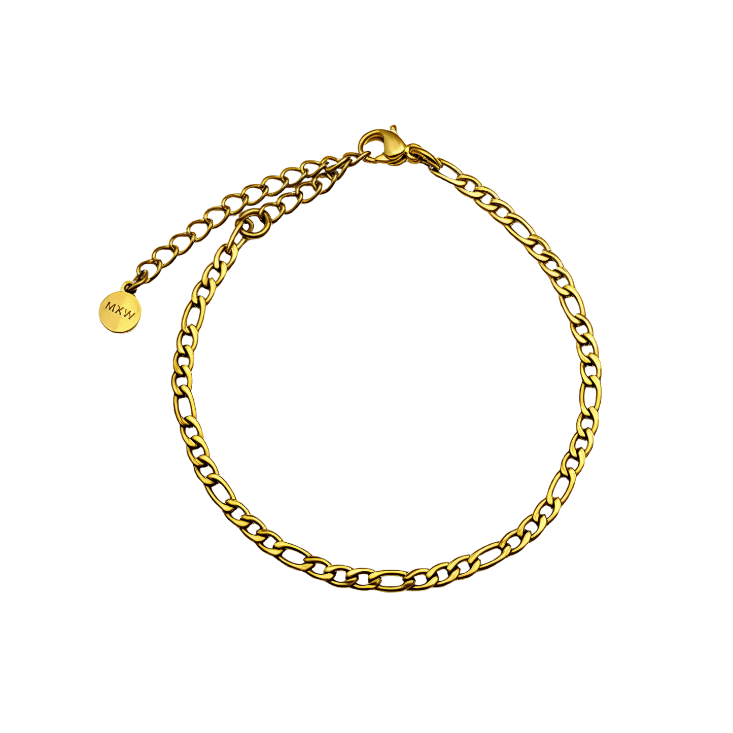Gold Figaro link chain bracelet with polished elongated and short links.