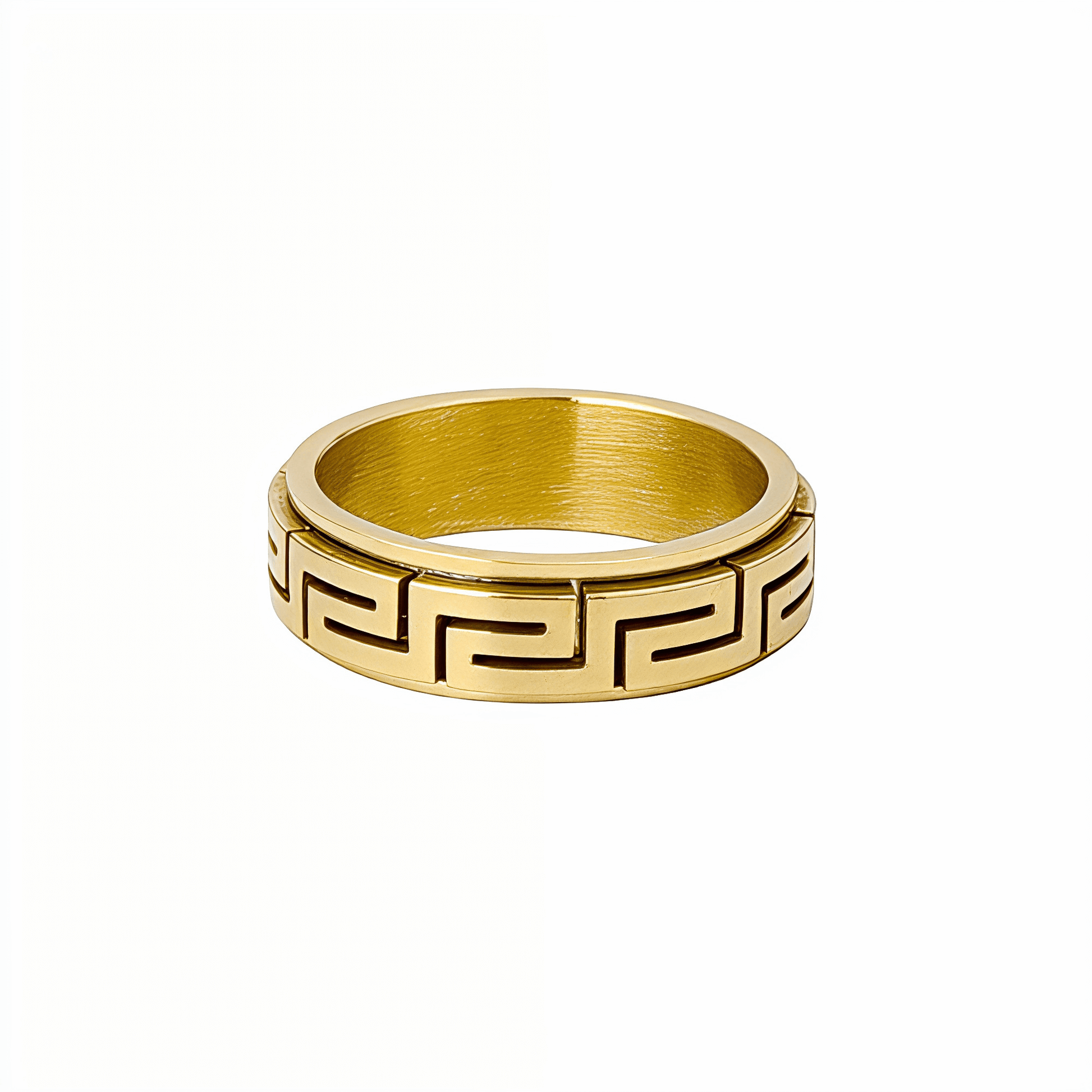 Gold Greek Key Spinner Ring by MXW Jewellery, featuring a rotating band with meander pattern for anxiety relief.