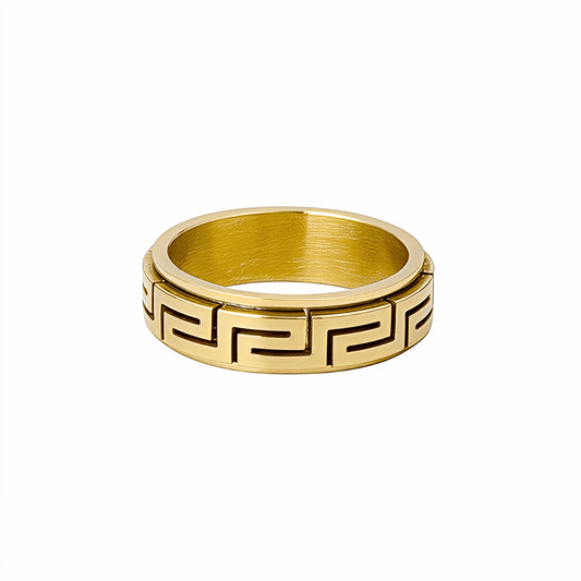 Gold Greek Key Spinner Ring by MXW Jewellery, featuring a rotating band with meander pattern for anxiety relief.