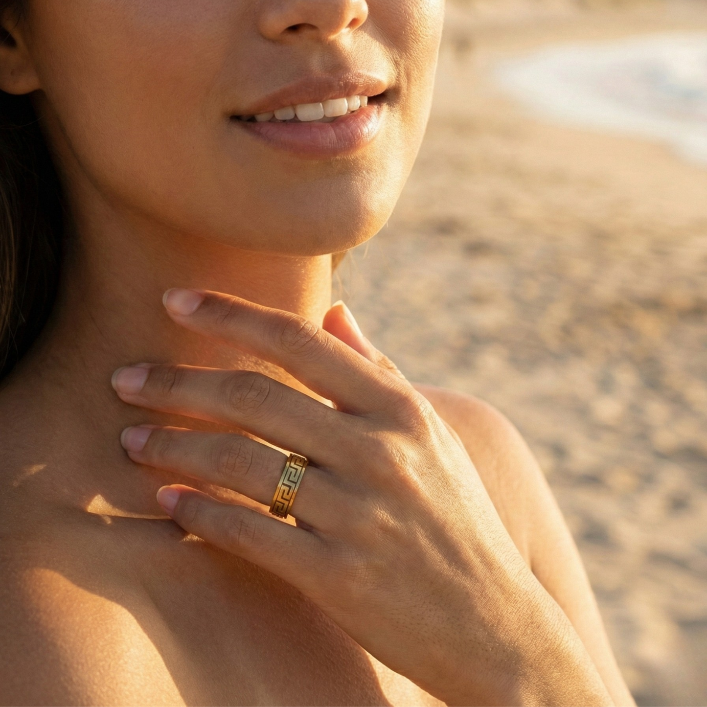 Gold Greek Key Spinner Ring by MXW Jewellery, featuring a rotating band with meander pattern for anxiety relief.