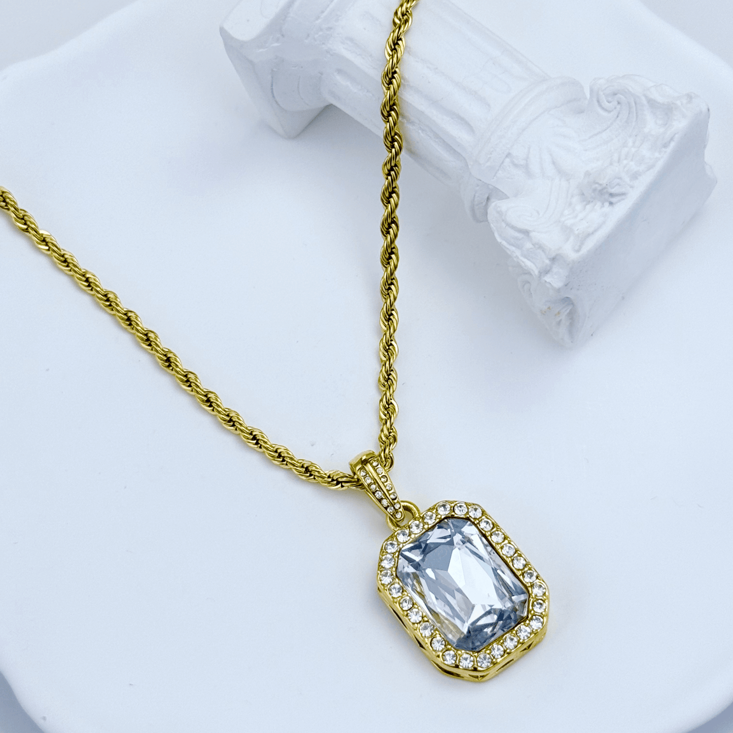 Gold Halo Crystal Necklace with rectangular zircon pendant framed by tiny halo crystals on a rope chain, waterproof gold jewellery.