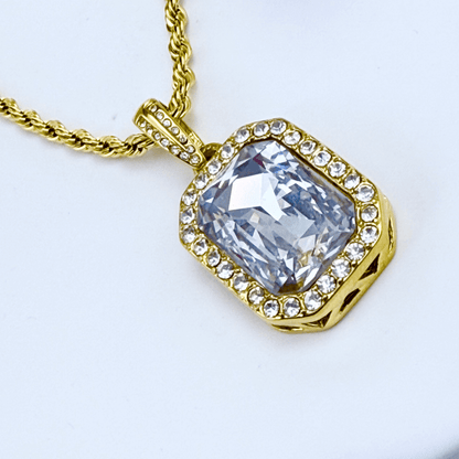 Gold Halo Crystal Necklace with rectangular zircon pendant framed by tiny halo crystals on a rope chain, waterproof gold jewellery.