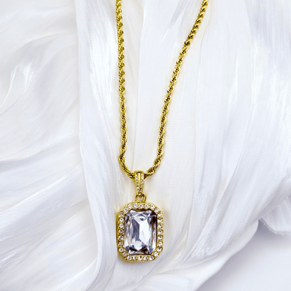 Gold Halo Crystal Necklace with rectangular zircon pendant framed by tiny halo crystals on a rope chain, waterproof gold jewellery.
