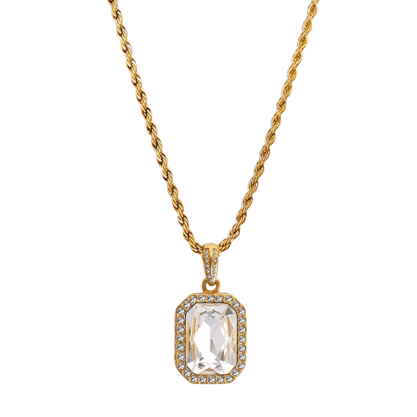Gold Halo Crystal Necklace with rectangular zircon pendant framed by tiny halo crystals on a rope chain, waterproof gold jewellery.