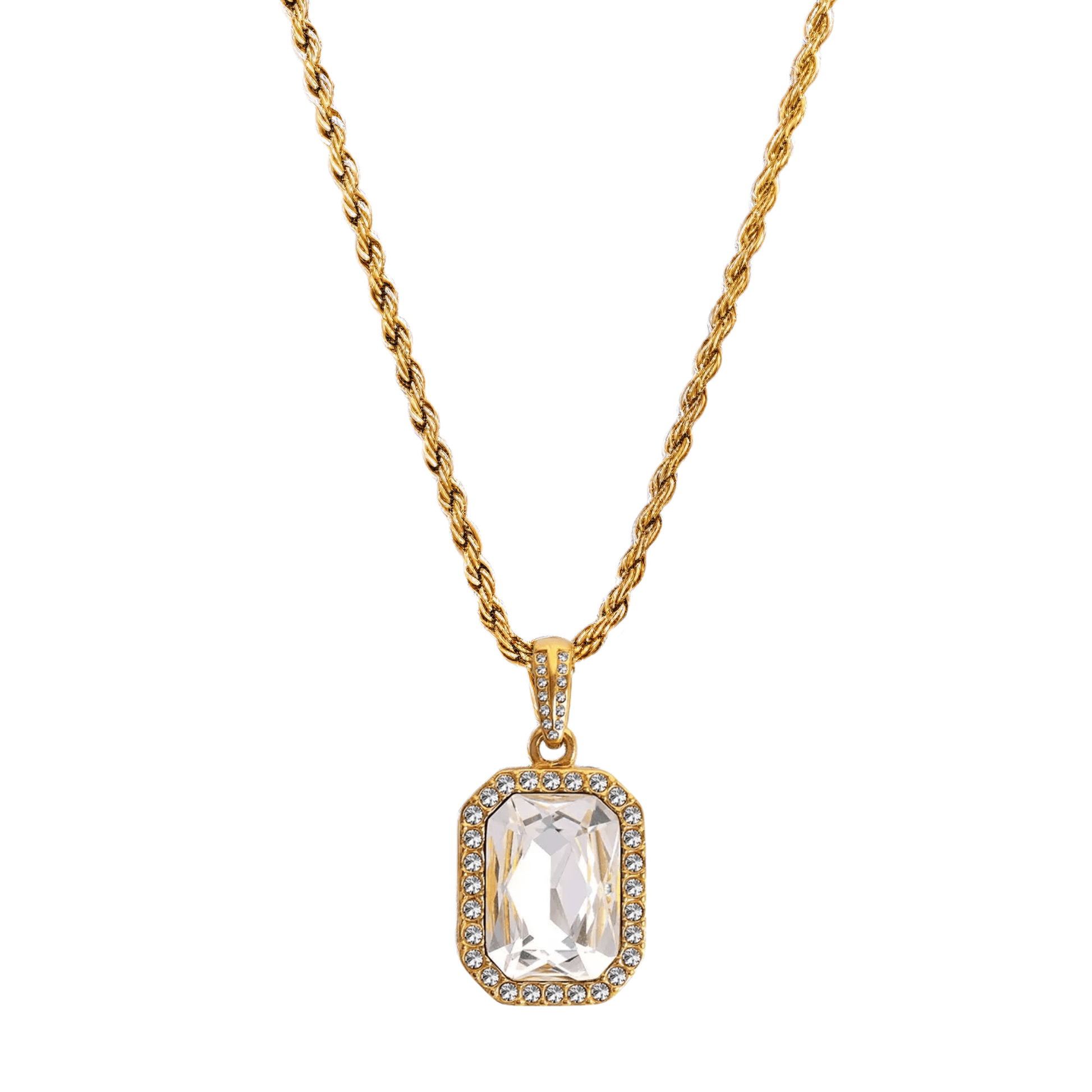 Gold Halo Crystal Necklace with rectangular zircon pendant framed by tiny halo crystals on a rope chain, waterproof gold jewellery.