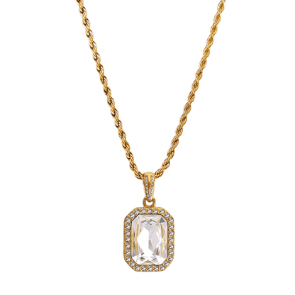 Gold Halo Crystal Necklace with rectangular zircon pendant framed by tiny halo crystals on a rope chain, waterproof gold jewellery.