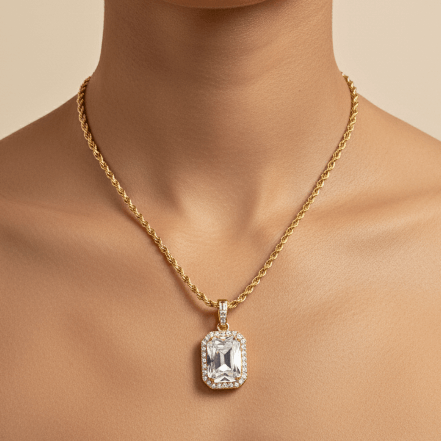 Gold Halo Crystal Necklace with rectangular zircon pendant framed by tiny halo crystals on a rope chain, waterproof gold jewellery.