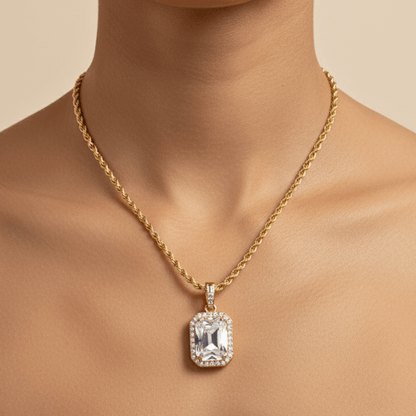 Gold Halo Crystal Necklace with rectangular zircon pendant framed by tiny halo crystals on a rope chain, waterproof gold jewellery.