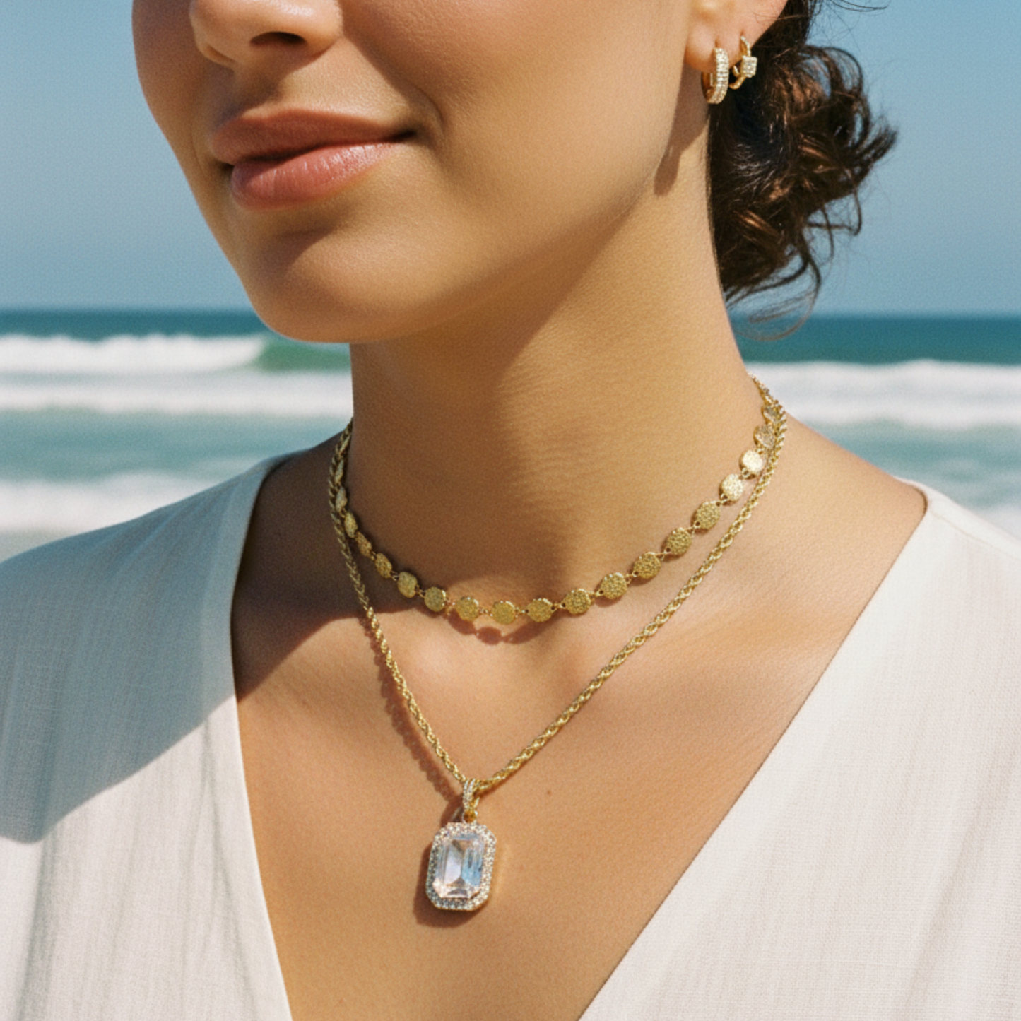 Gold Halo Crystal Necklace with rectangular zircon pendant framed by tiny halo crystals on a rope chain, waterproof gold jewellery.