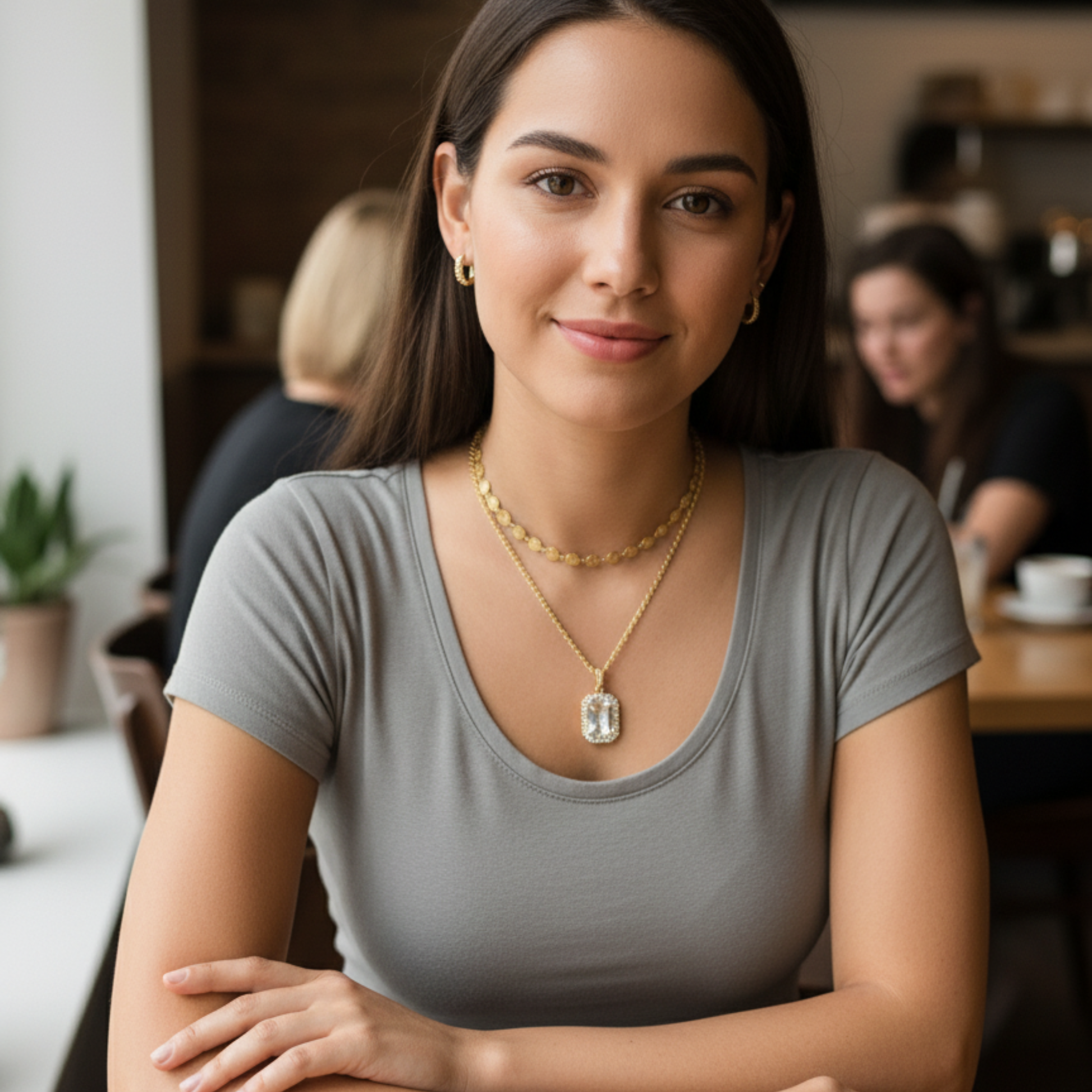 Gold Halo Crystal Necklace with rectangular zircon pendant framed by tiny halo crystals on a rope chain, waterproof gold jewellery.