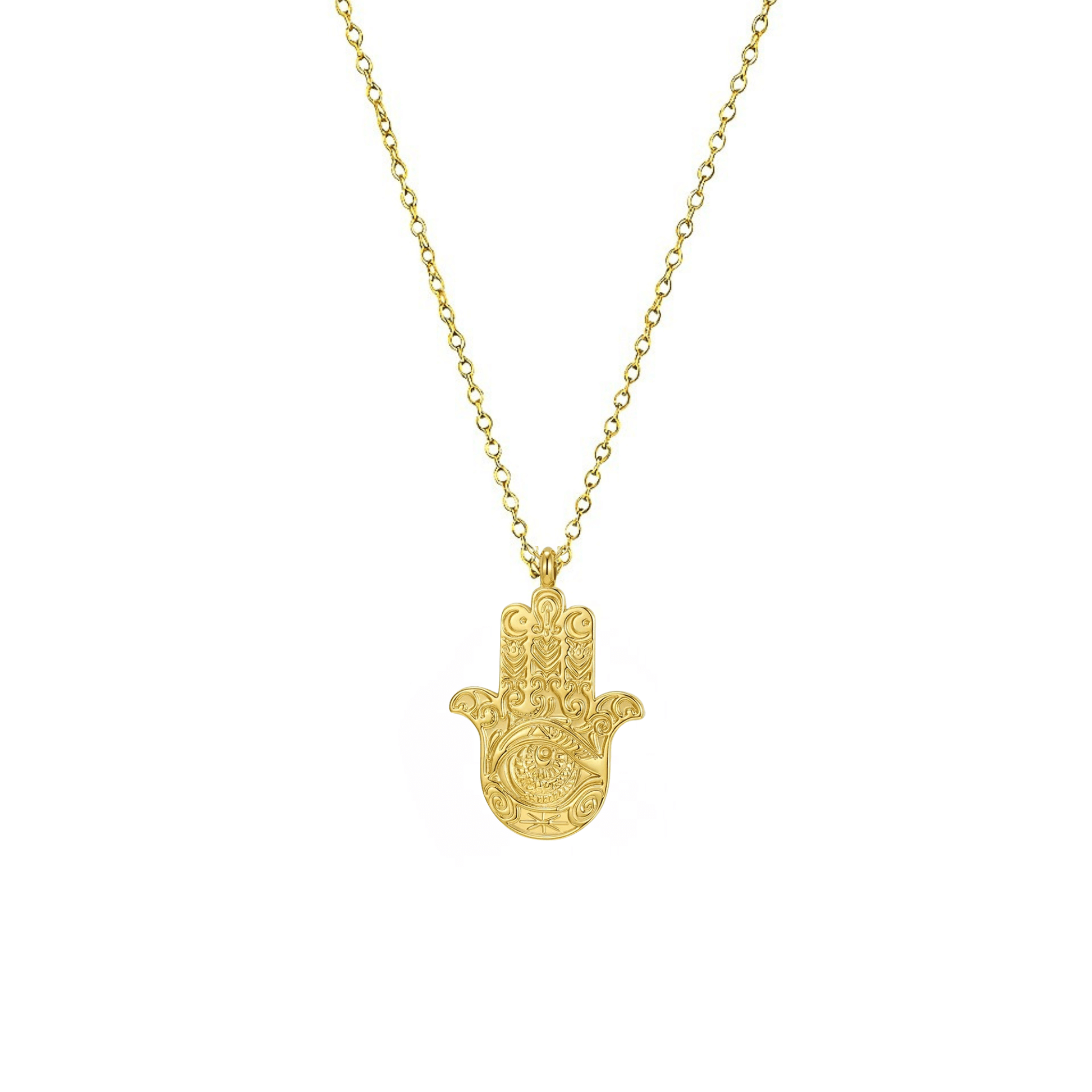 Gold Hamsa hand pendant necklace with engraved eye on a fine chain