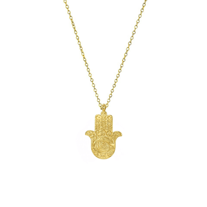 Gold Hamsa hand pendant necklace with engraved eye on a fine chain