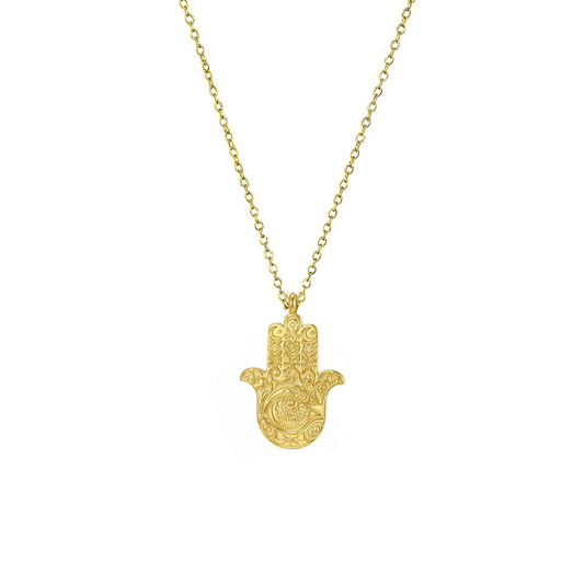 Gold Hamsa hand pendant necklace with engraved eye on a fine chain