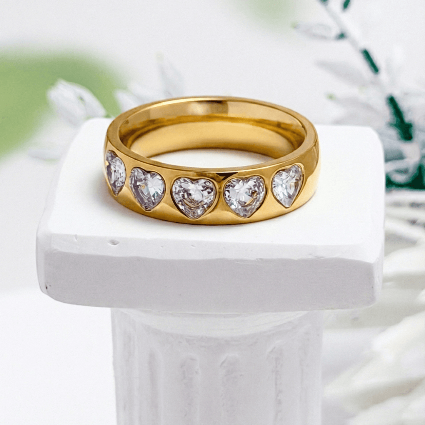 Gold Heart Eternity Ring with flush-set heart zircons on a thick gold band by MXW Jewellery