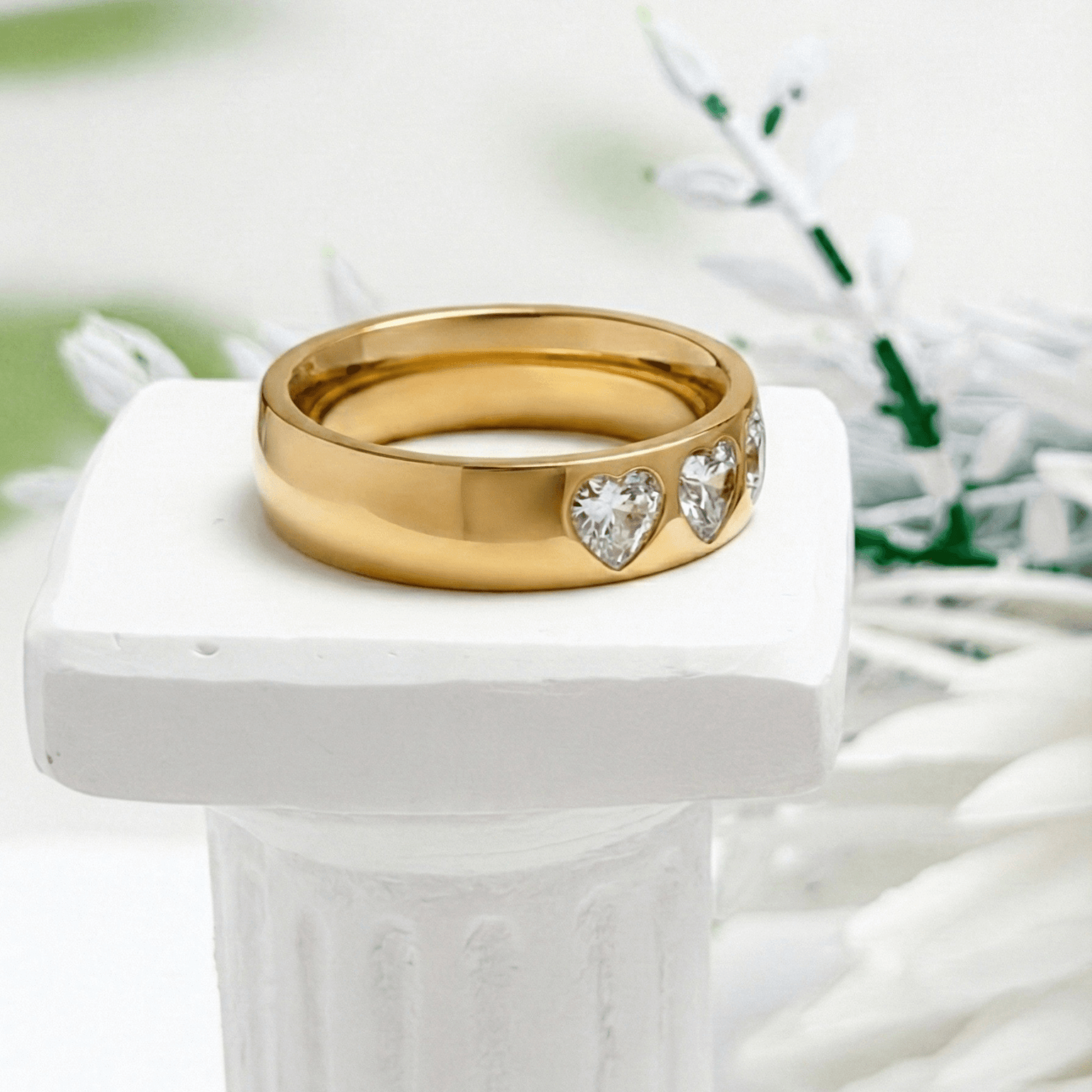 Gold Heart Eternity Ring with flush-set heart zircons on a thick gold band by MXW Jewellery