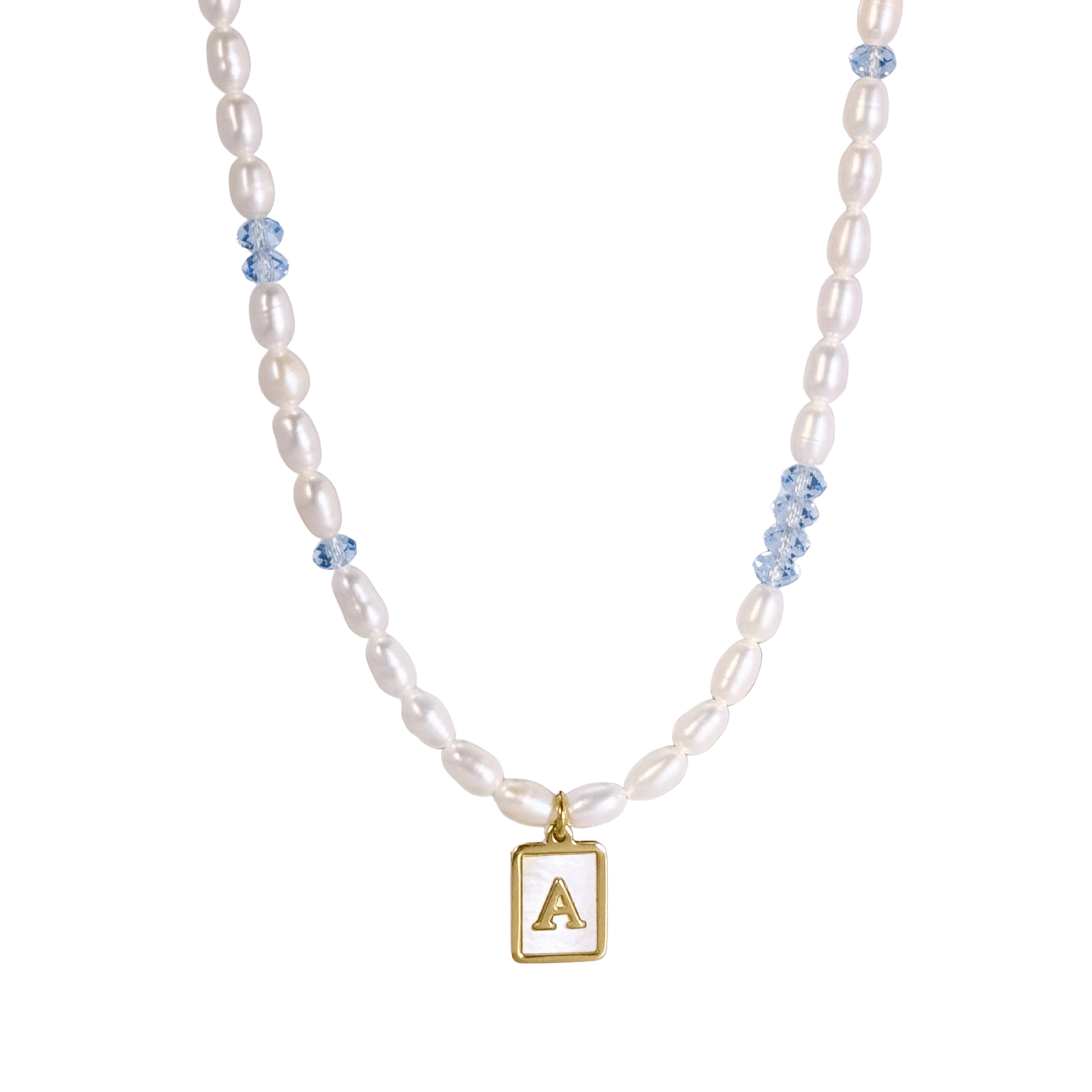 gold initial and birthstone pearl necklace featuring freshwater pearl and Swarovski element crystal, personalised elegant jewellery gift for women