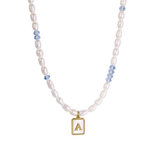 gold initial and birthstone pearl necklace featuring freshwater pearl and Swarovski element crystal, personalised elegant jewellery gift for women