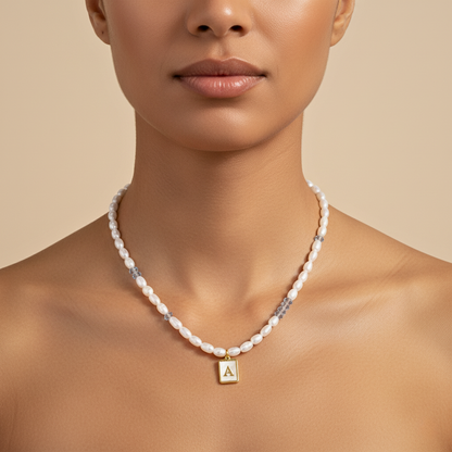 gold initial and birthstone pearl necklace featuring freshwater pearl and Swarovski element crystal, personalised elegant jewellery gift for women