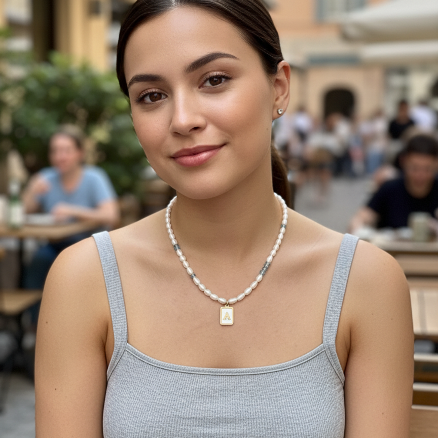 gold initial and birthstone pearl necklace featuring freshwater pearl and Swarovski element crystal, personalised elegant jewellery gift for women