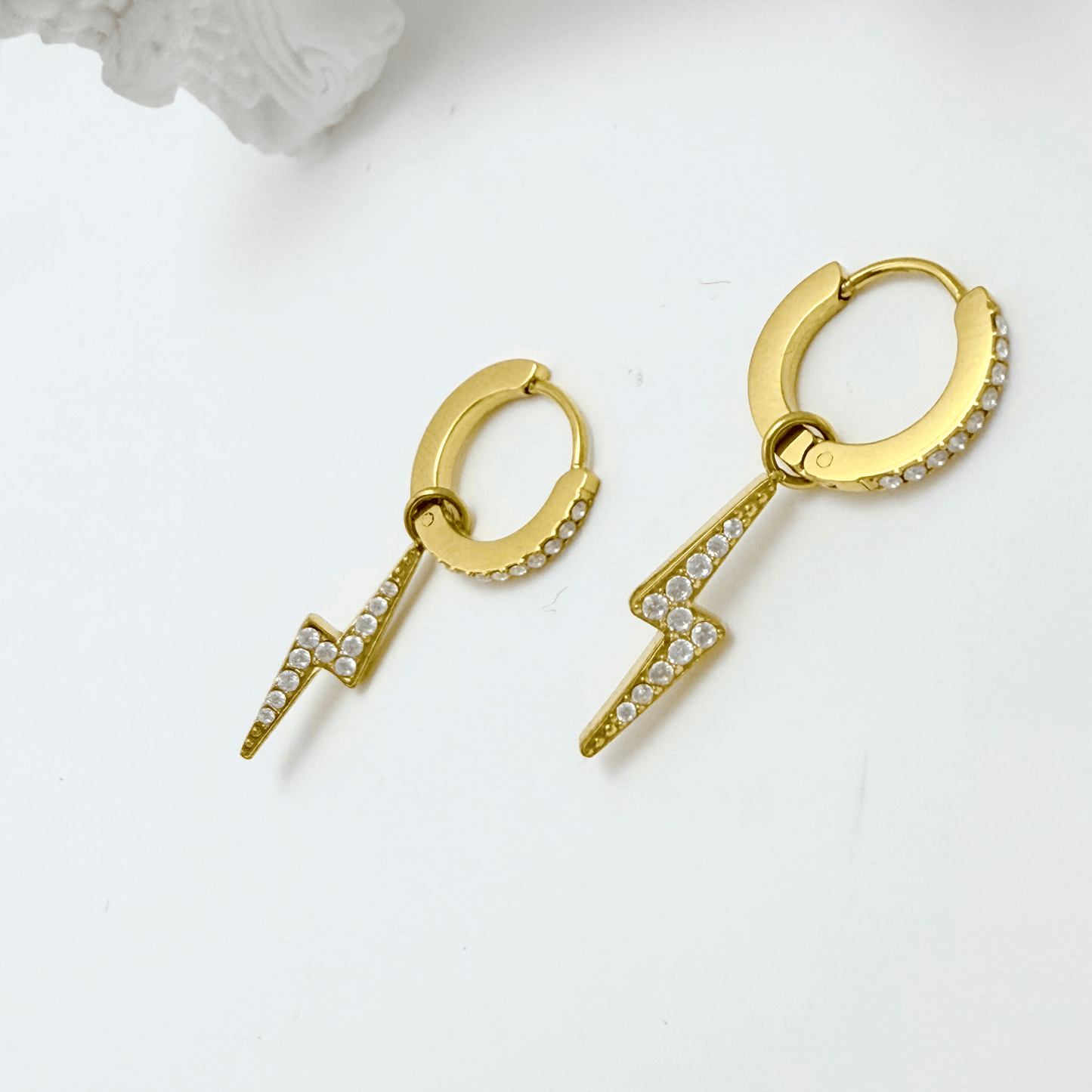 gold lightning bolt huggie earrings waterproof stainless steel pavé crystal drop hoops
