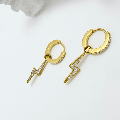 gold lightning bolt huggie earrings waterproof stainless steel pavé crystal drop hoops