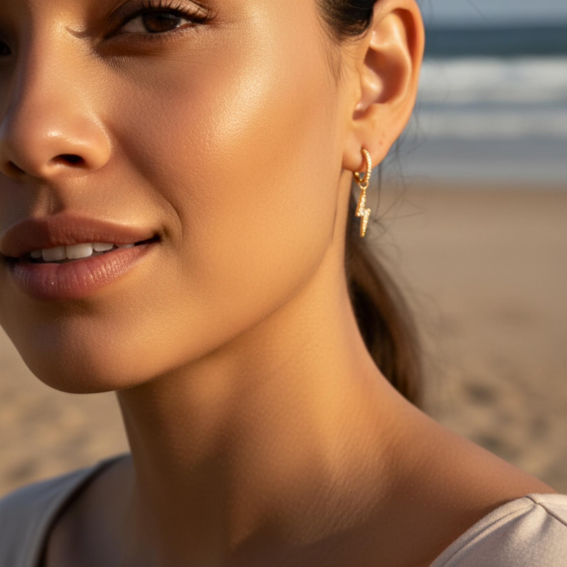 gold lightning bolt huggie earrings waterproof stainless steel pavé crystal drop hoops