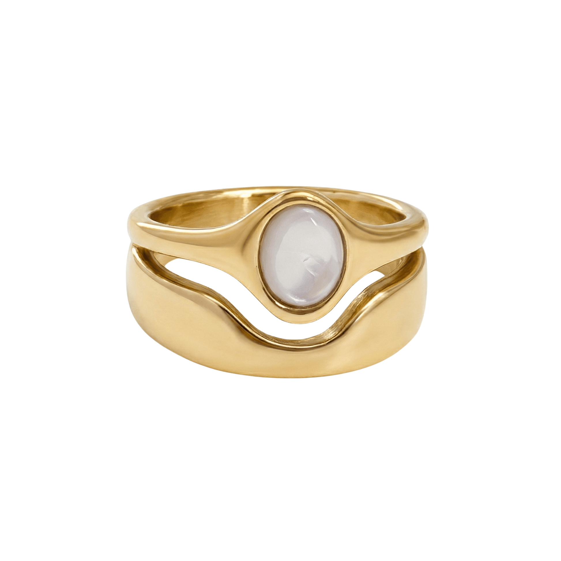 Gold Mother of Pearl Oval Signet Ring by MXW Jewellery, featuring a lustrous white stone and organic stacking design.