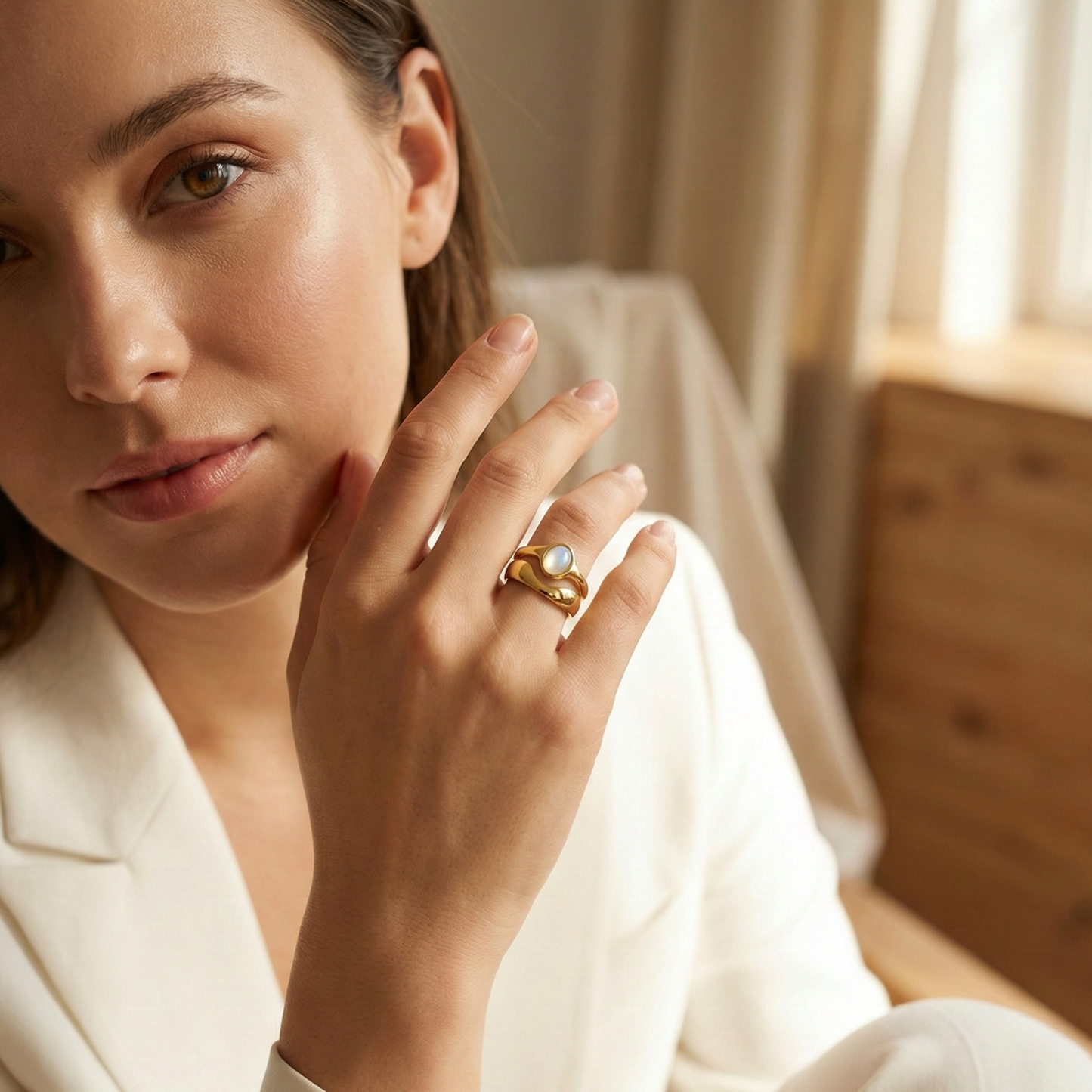 Gold Mother of Pearl Oval Signet Ring by MXW Jewellery, featuring a lustrous white stone and organic stacking design.