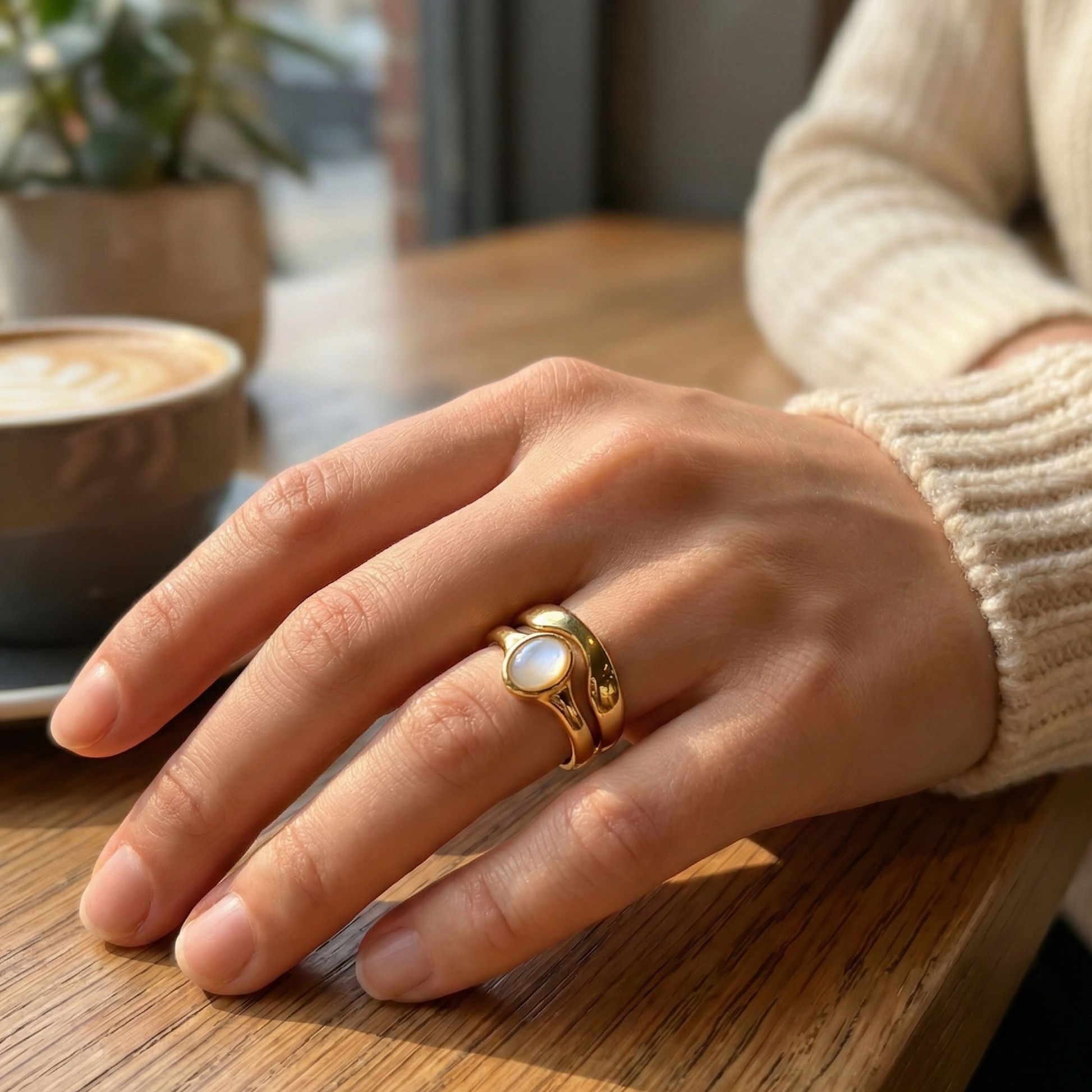 Gold Mother of Pearl Oval Signet Ring by MXW Jewellery, featuring a lustrous white stone and organic stacking design.