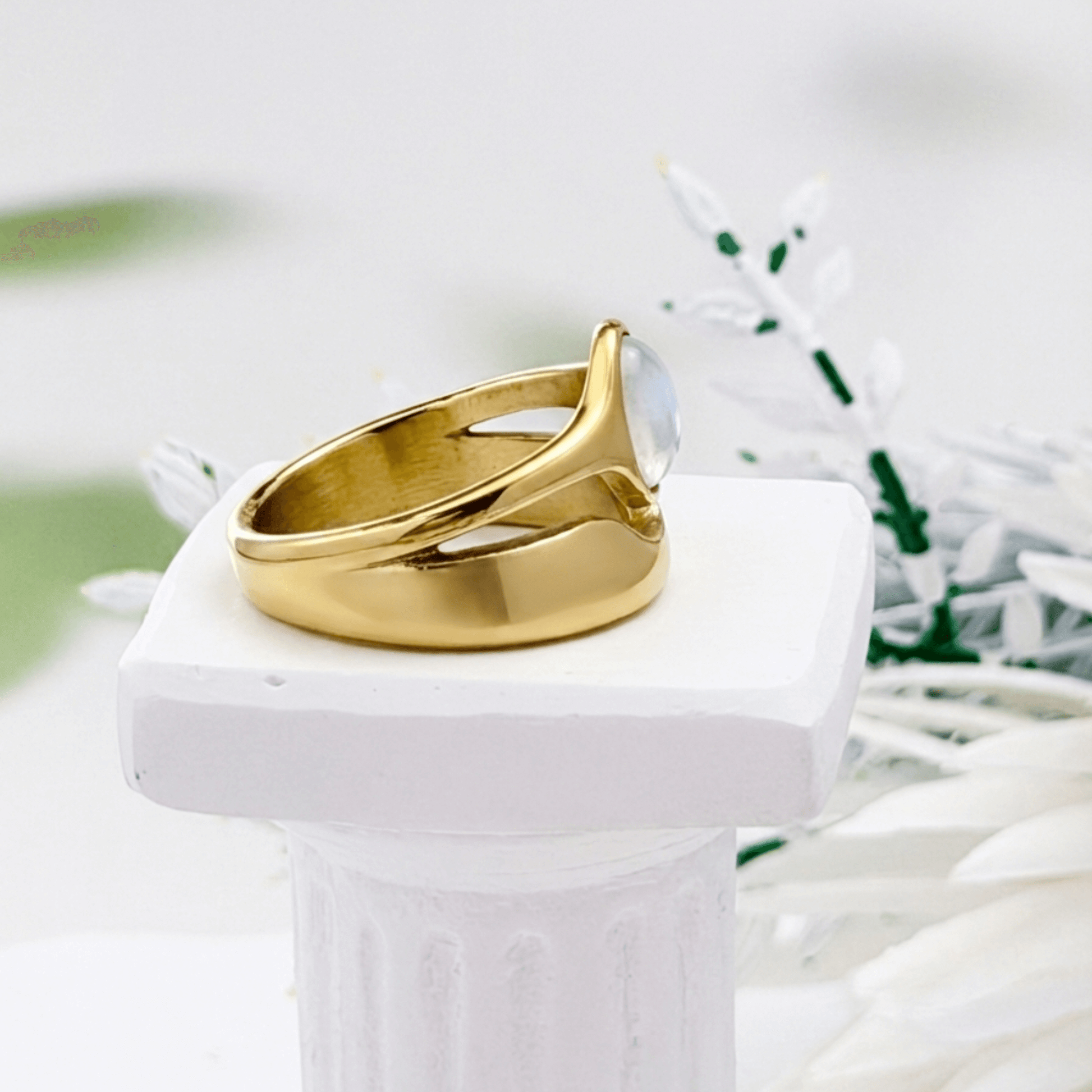 Gold Mother of Pearl Oval Signet Ring by MXW Jewellery, featuring a lustrous white stone and organic stacking design.