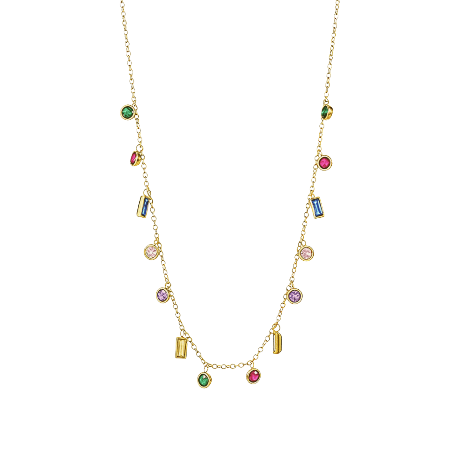 Gold multicolor zircon charm necklace with vibrant crystal accents on a waterproof gold chain.