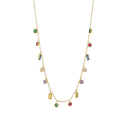 Gold multicolor zircon charm necklace with vibrant crystal accents on a waterproof gold chain.
