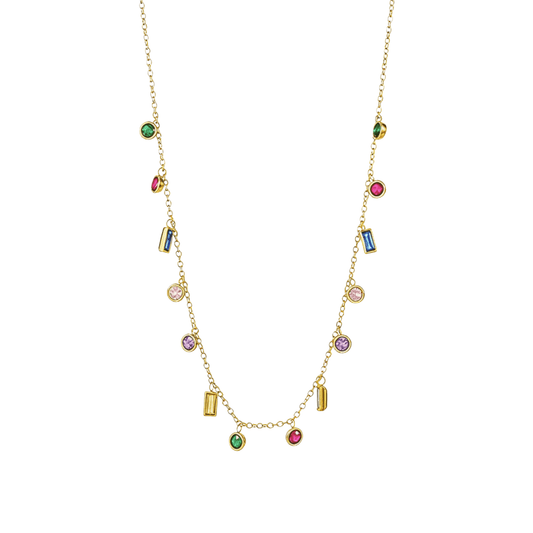Gold multicolor zircon charm necklace with vibrant crystal accents on a waterproof gold chain.