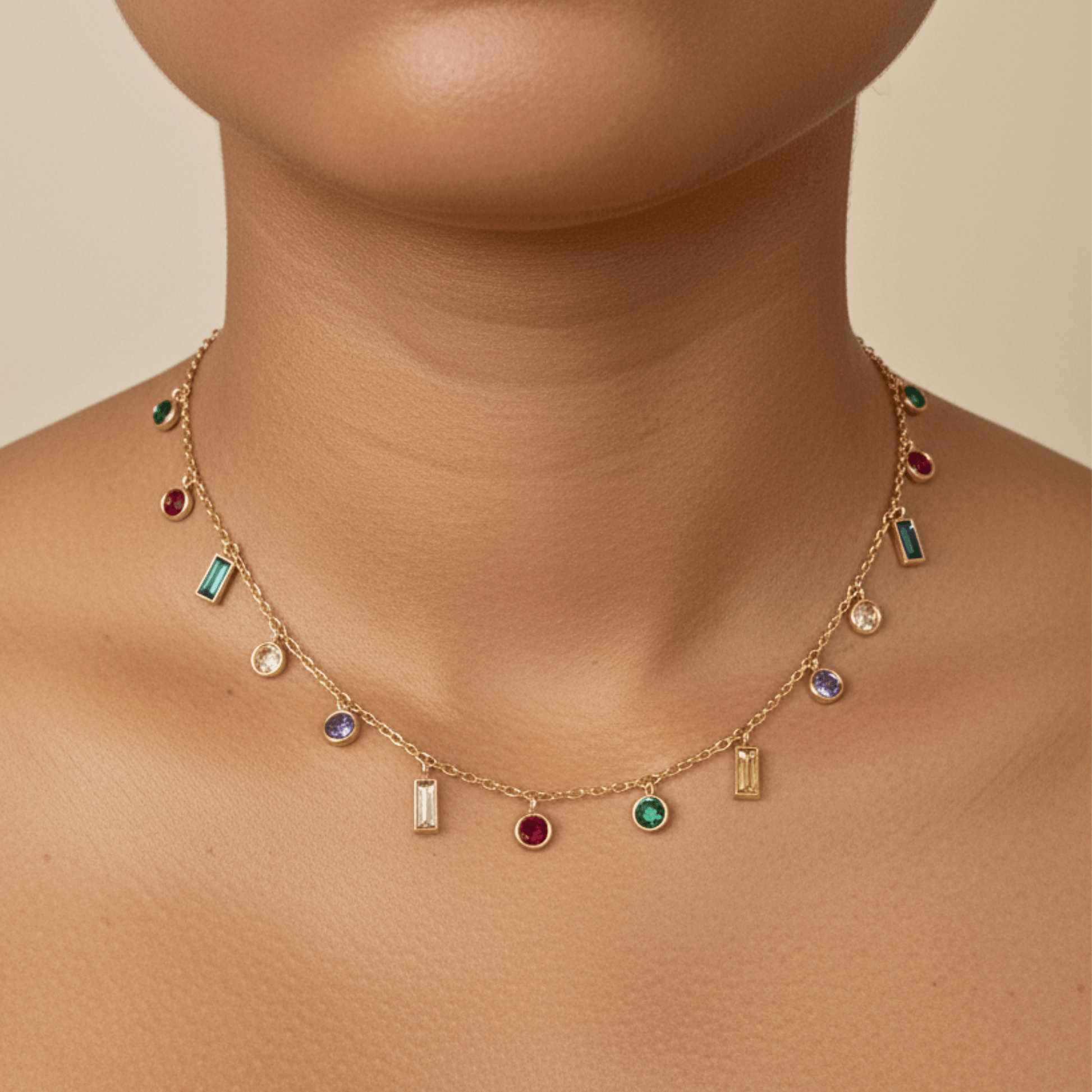 Gold multicolor zircon charm necklace with vibrant crystal accents on a waterproof gold chain.