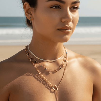 Gold multicolor zircon charm necklace with vibrant crystal accents on a waterproof gold chain.