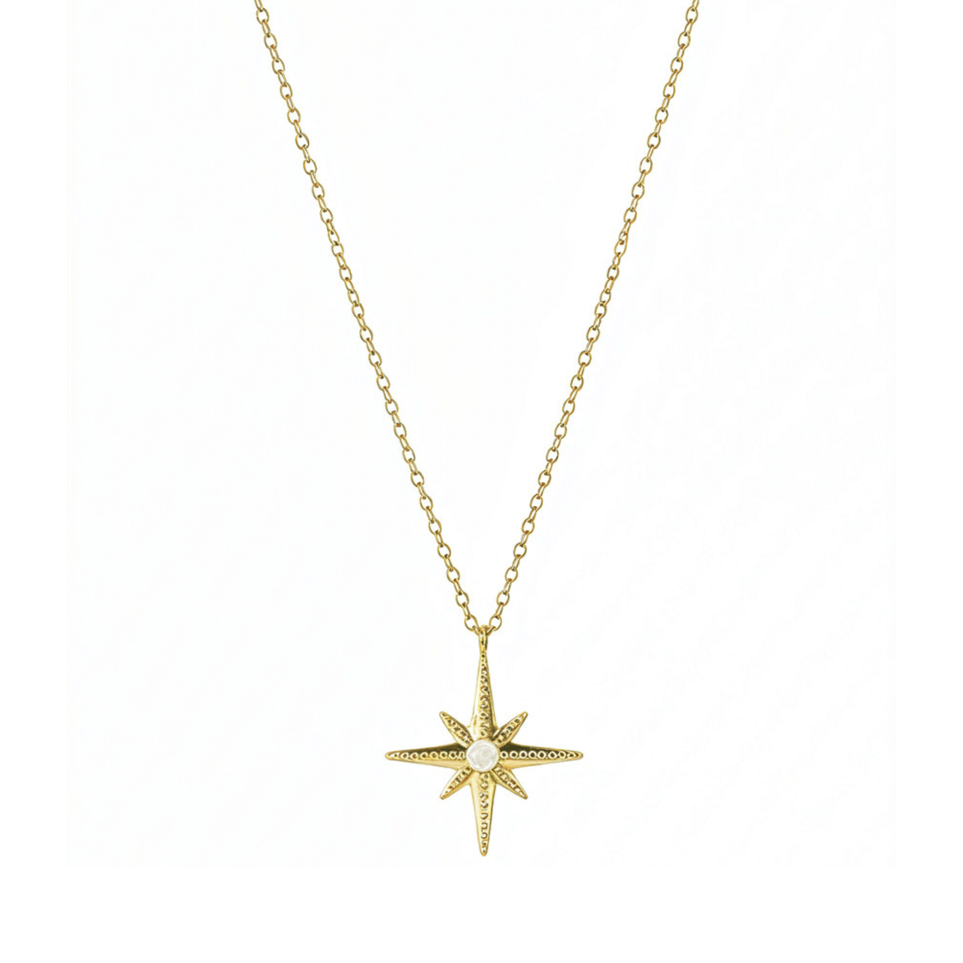 Gold North Star pendant necklace with luminous glass centre, symbolising guidance, balance, and hope.