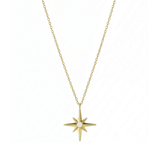 Gold North Star pendant necklace with luminous glass centre, symbolising guidance, balance, and hope.