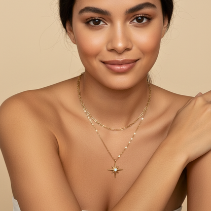 Gold North Star pendant necklace with luminous glass centre, symbolising guidance, balance, and hope.